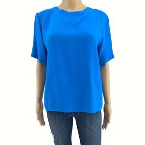 VINTAGE Christie & Jill MEDIUM Blue 100% SILK Short Sleeve Top Shirt Blouse